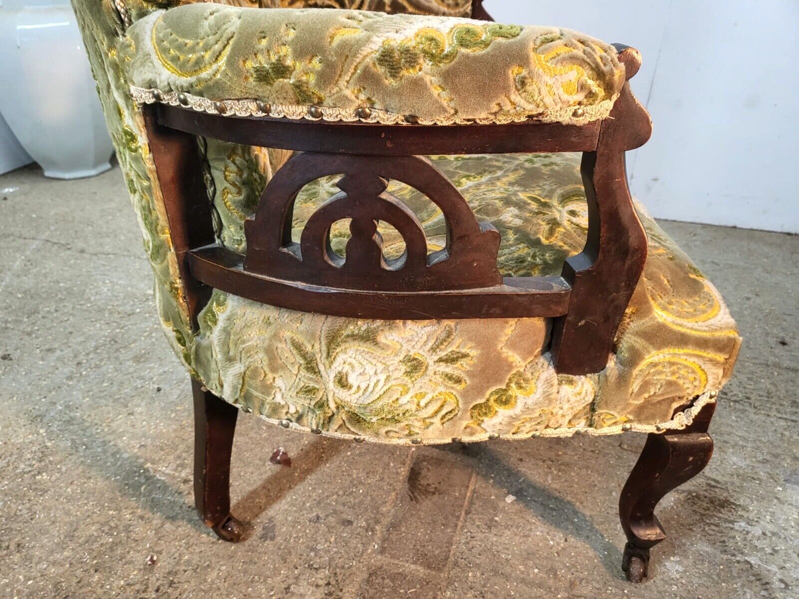 photo furniture Antique Victorian Open Wood Frame Armchair Curved Back Green Floral Cabriole Leg