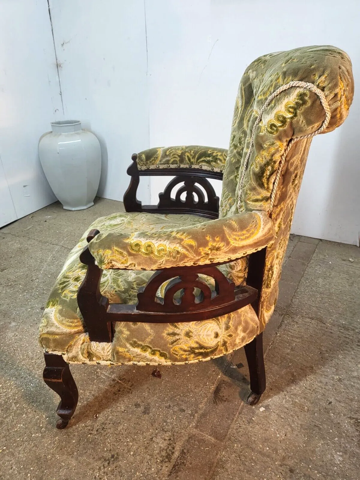 photo for sale Antique Victorian Open Wood Frame Armchair Curved Back Green Floral Cabriole Leg