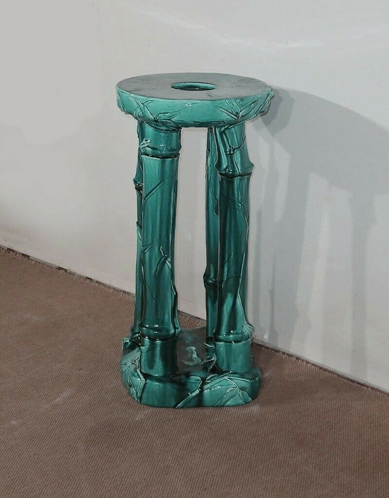 Green Glazed Ceramic Planter Support With Blue Reflections, Decorated With Bamboo, 1920 photo for sale