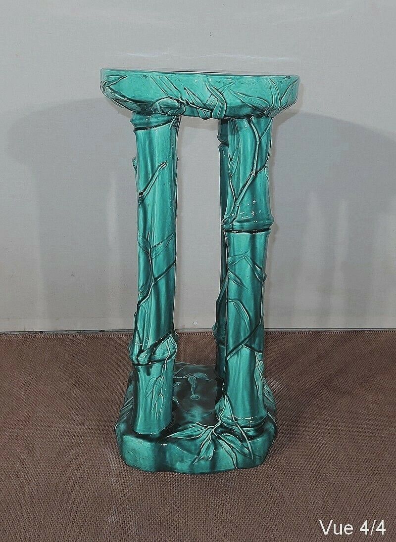 photo vintage Green Glazed Ceramic Planter Support With Blue Reflections, Decorated With Bamboo, 1920
