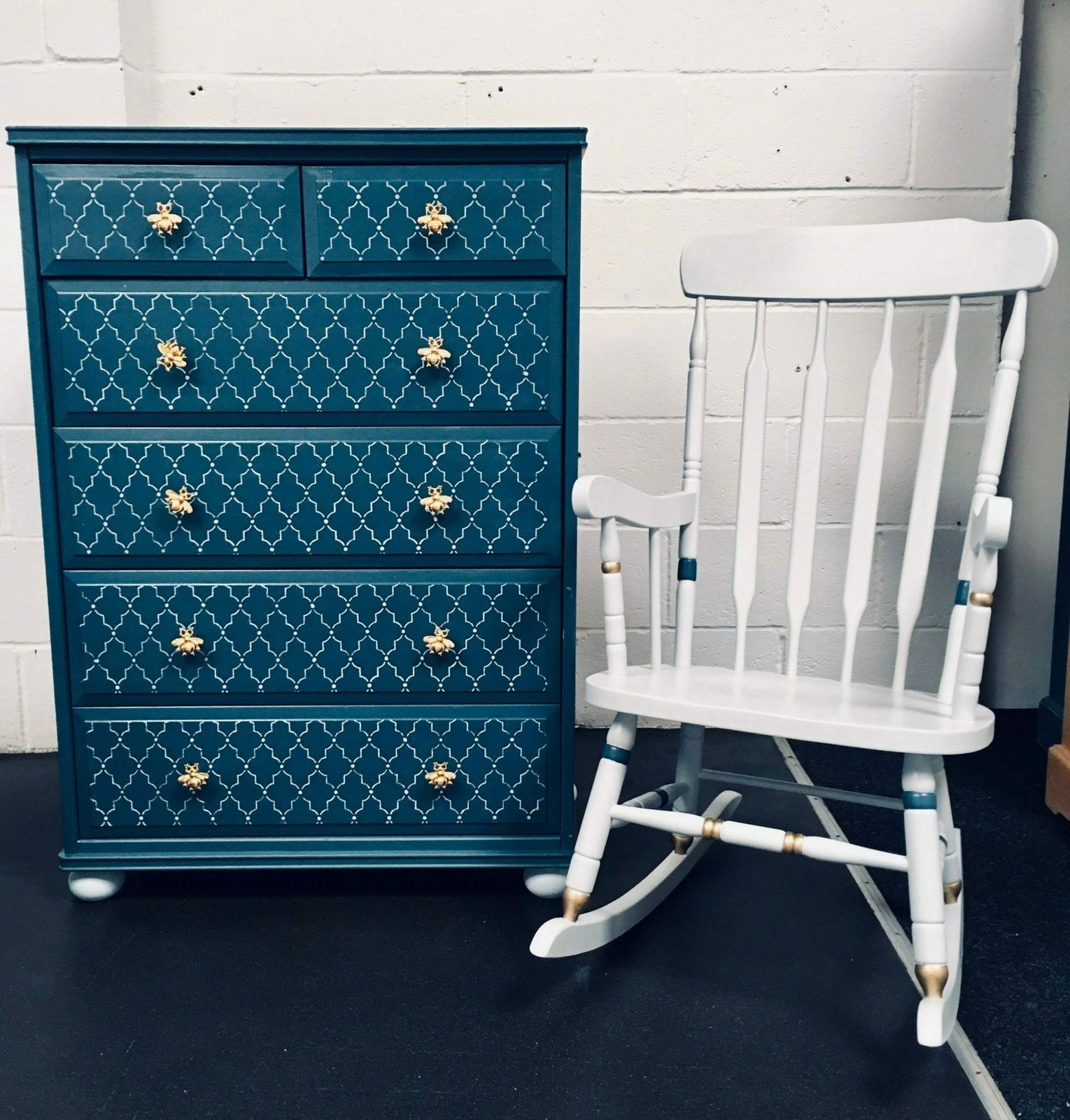 Bespoke Painted Baby Nursery Rocking Chair And Chest Of Drawers Set photo furniture
