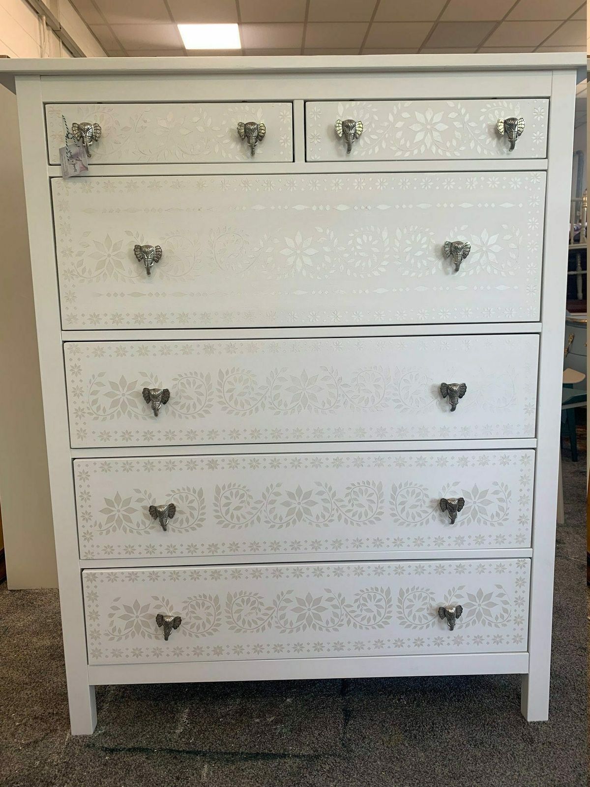 Large Chest Of Drawers Fusion Mineral Paint White And Pearl Indian Bone Inlay Silver Elephant Knobs Stencilled