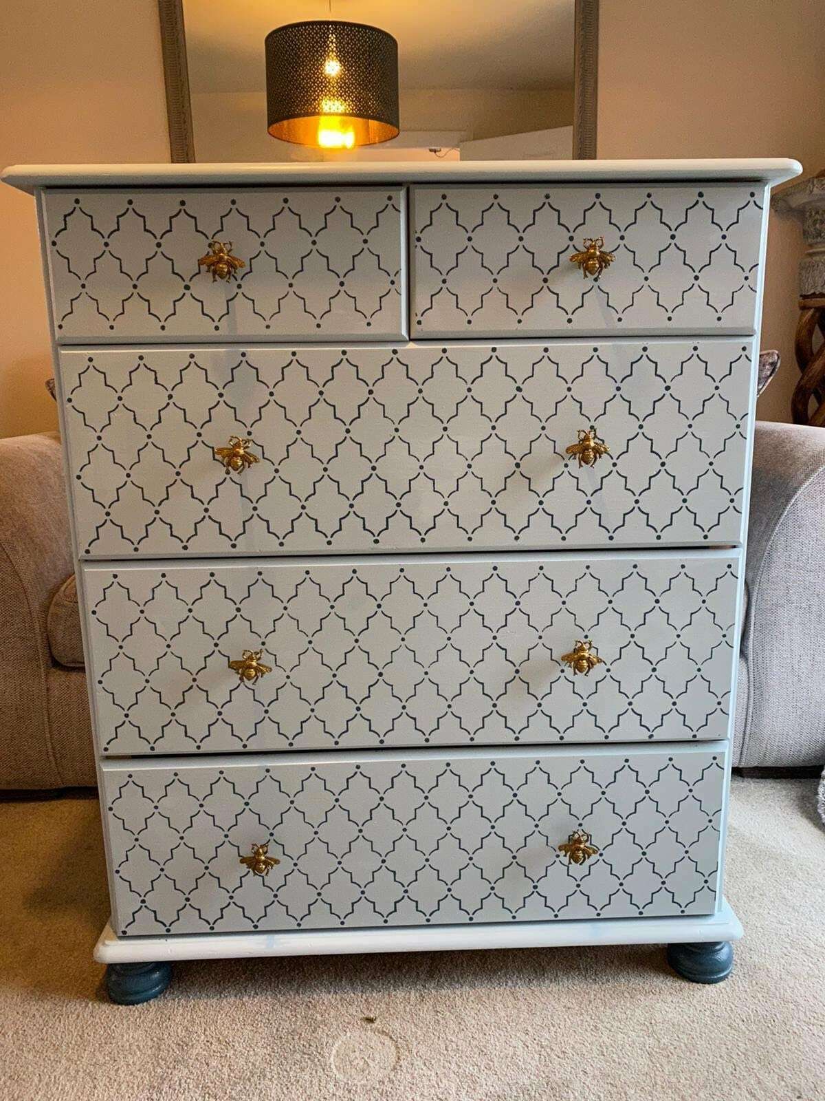 Chest Of Drawers Painted Bespoke Moroccan Geometric Bee Elephant Handles Stencilled photo for sale