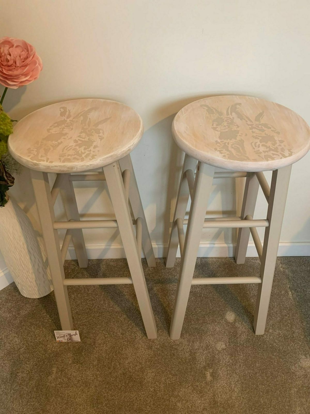 Pair Of Bar Stools Wooden Painted Bespoke Stencilled