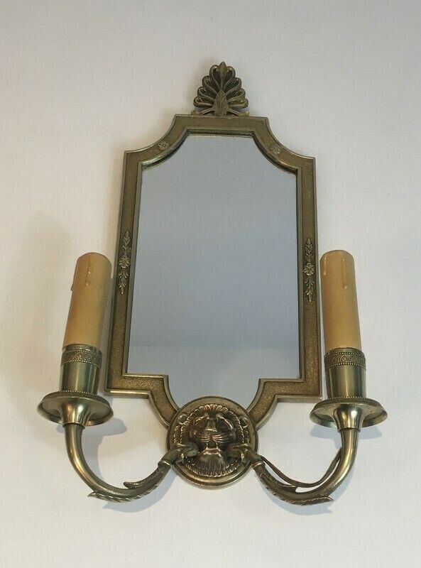 Pair Of Empire Style Bronze Sconces With Lion Head And Mirror. French Work. Around 1940 photo 1056.0