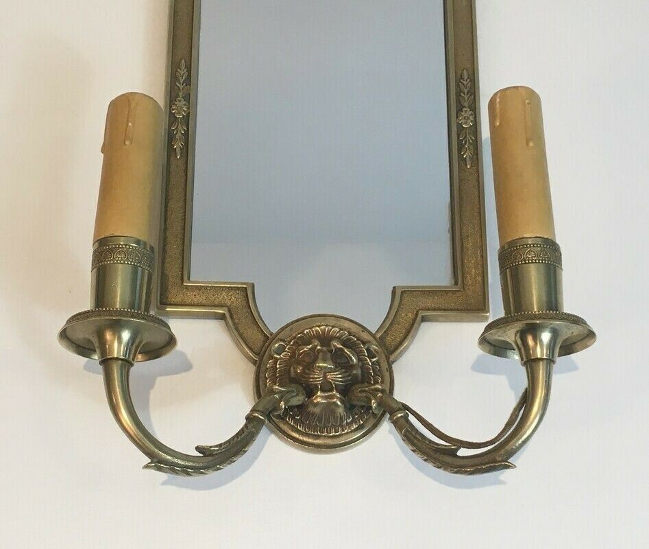 Pair Of Empire Style Bronze Sconces With Lion Head And Mirror. French Work. Around 1940 photo vintage