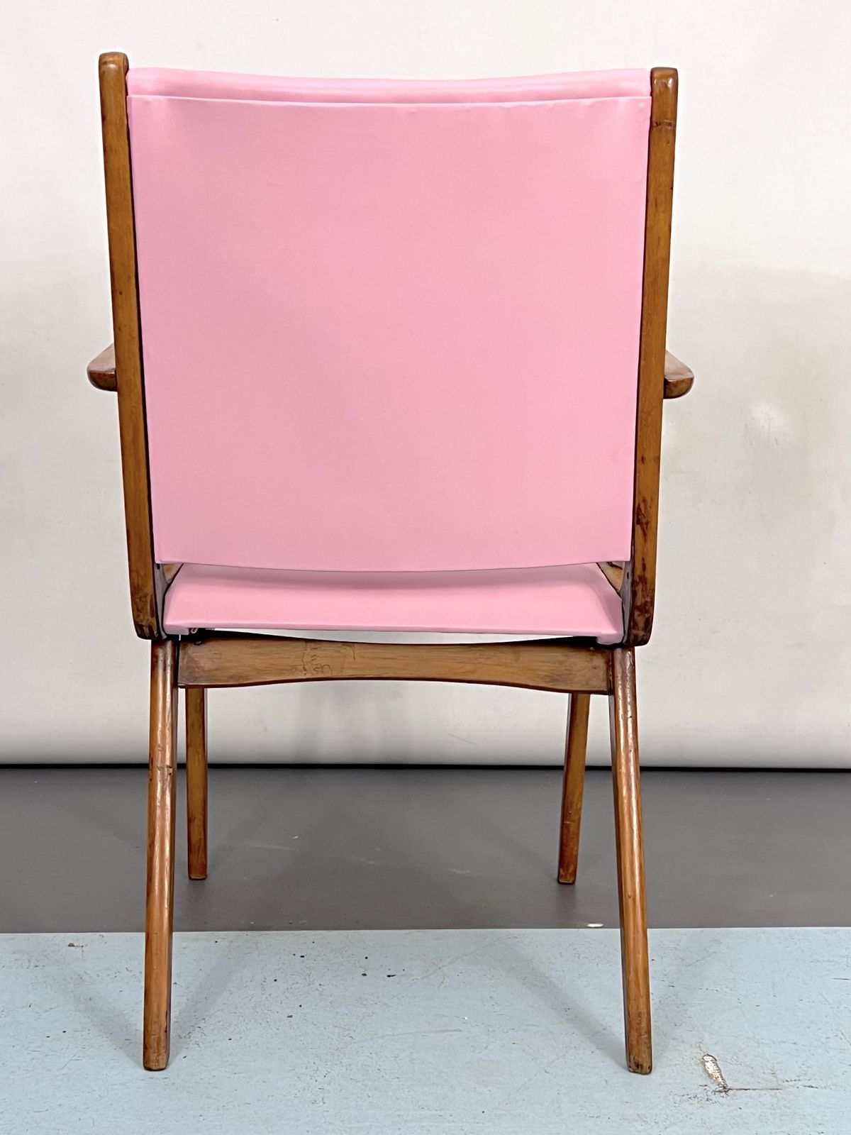 Vintage Italian Wood Accent Chair In Pink Leatherette. Italy 1950s photo for sale