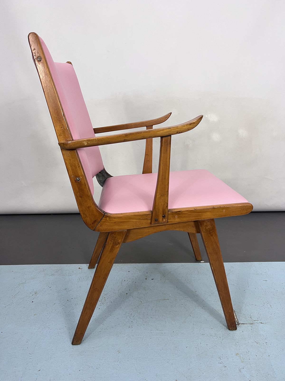 Vintage Italian Wood Accent Chair In Pink Leatherette. Italy 1950s photo buy