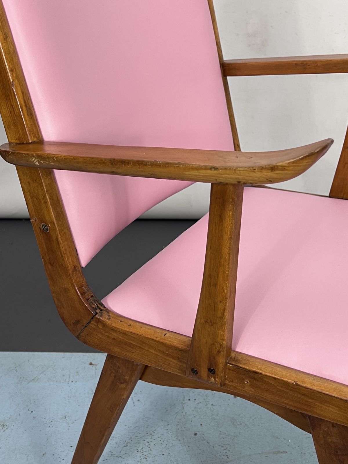 photo for sale Vintage Italian Wood Accent Chair In Pink Leatherette. Italy 1950s