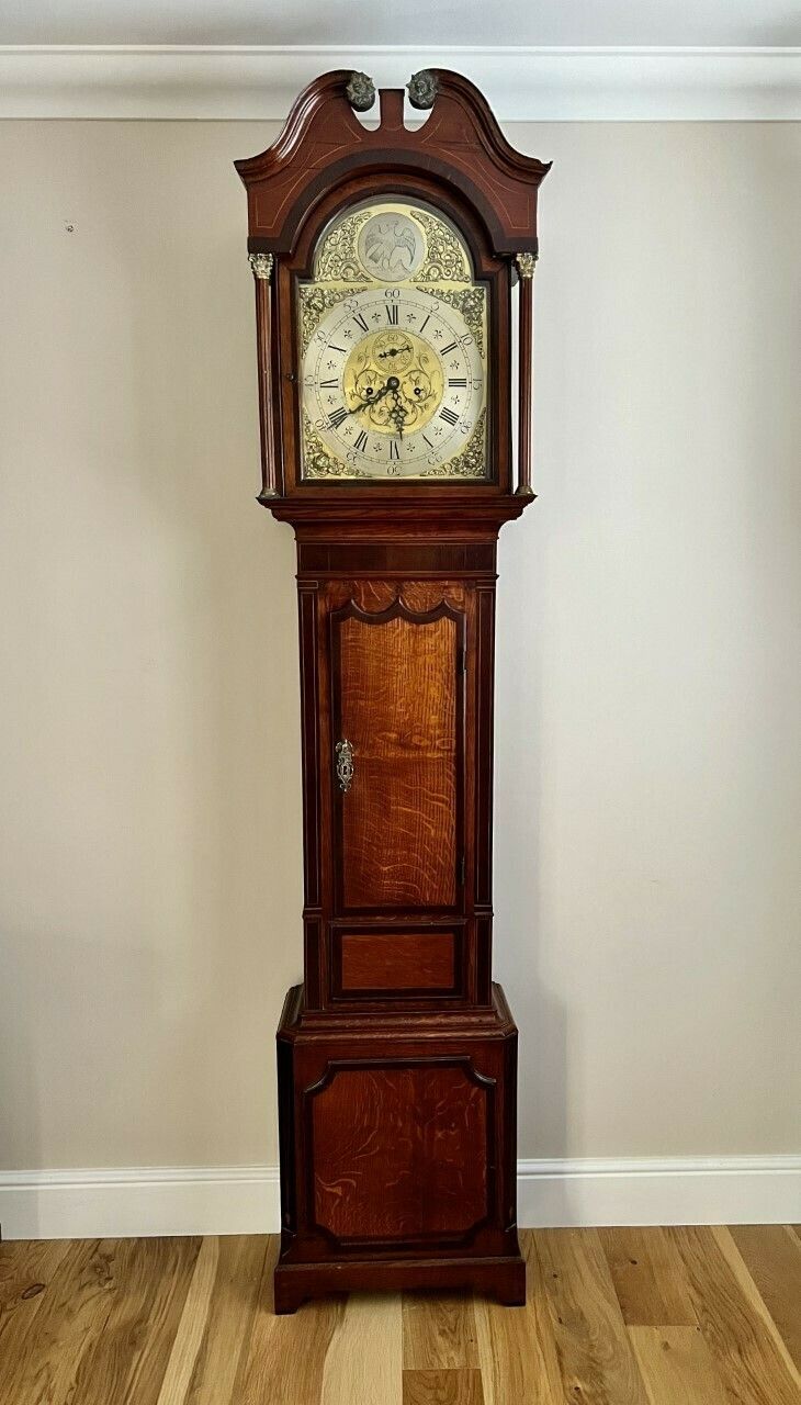 Antique George III Quality Oak And Mahogany Brass Face Long Case Clock