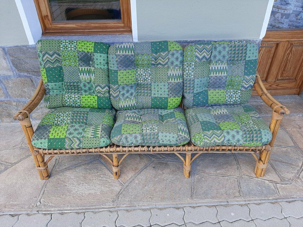 Three Seater Wicker Sofa With Original Cushions 1950s photo vinterior