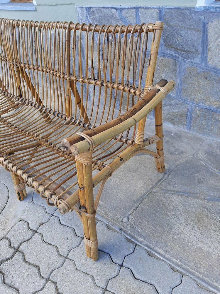 Three Seater Wicker Sofa With Original Cushions 1950s photo vintage