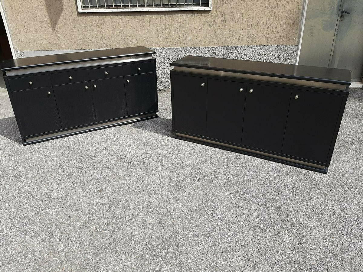 Italian Ebonized Wood And Aluminum Chest Of Drawers, 1970s, Set Of 2