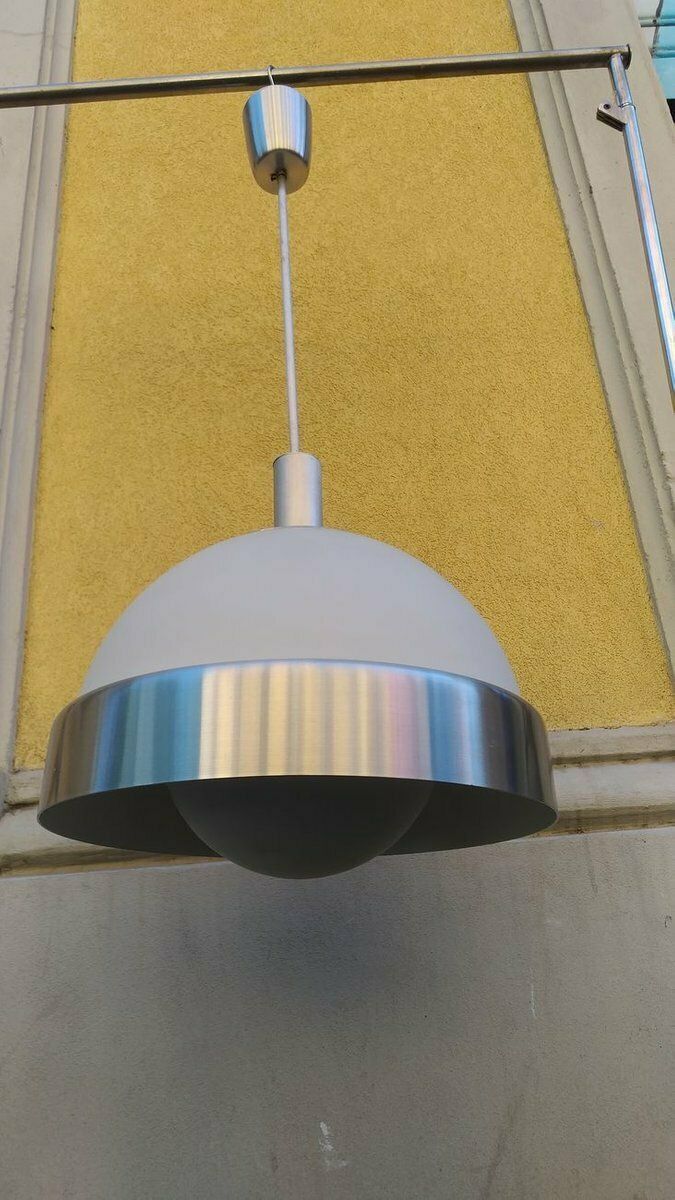 Aluminum Frosted And Opaline Glass Ceiling Lamp By Oscar Torlasco For Lumi 1960s