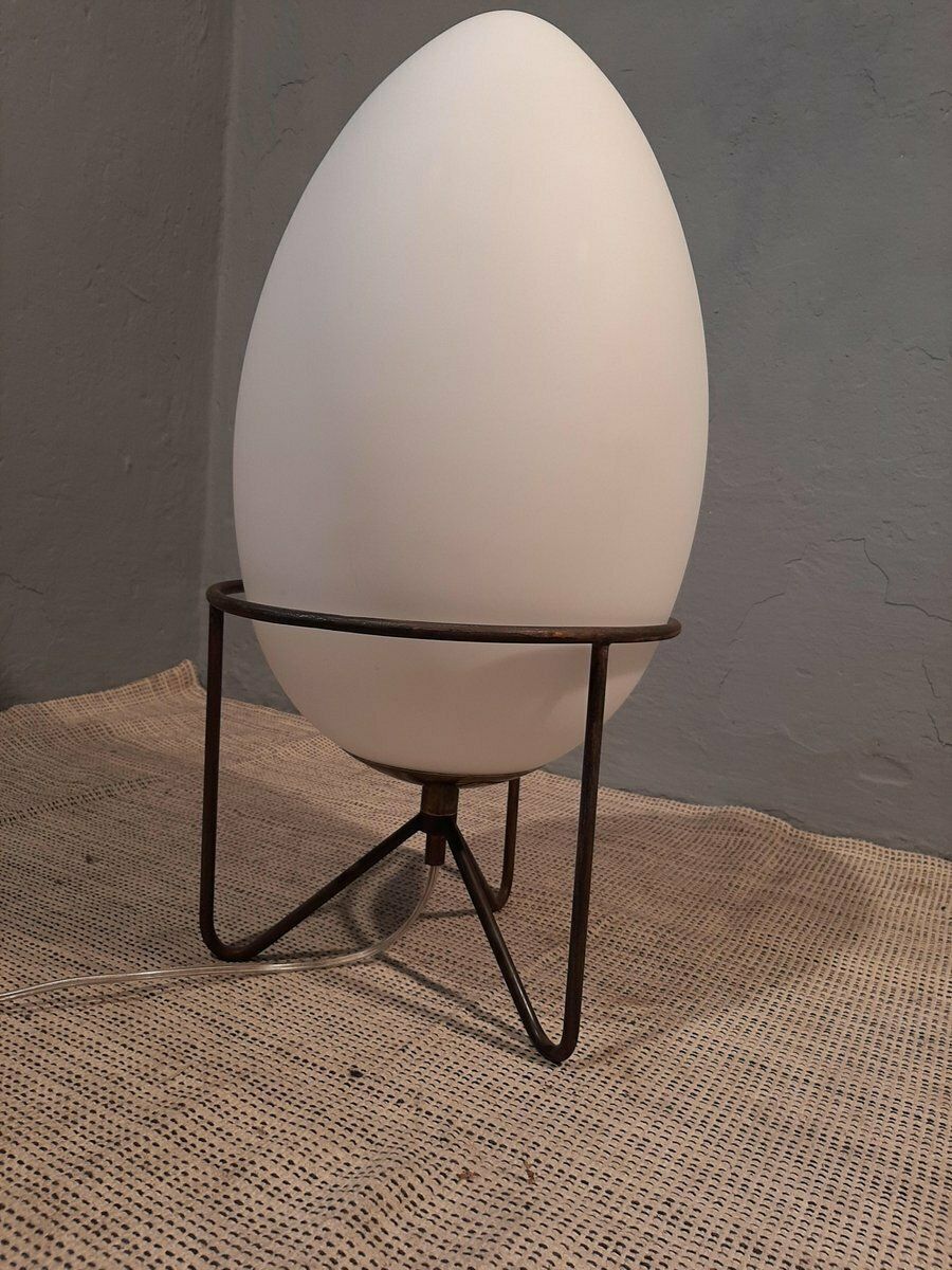Stilnovo Style Table Lamp With Iron Structure And Egg Shaped Opal Glass Shade, 1990s photo buy