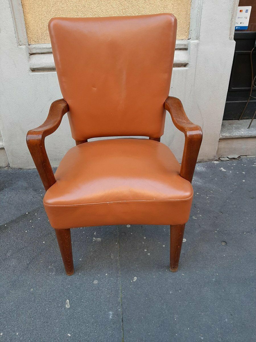 Wood And Brown Leather Armchair By Osvaldo Borsani For Atelier Borsani Varedo, 1930s photo Furniture