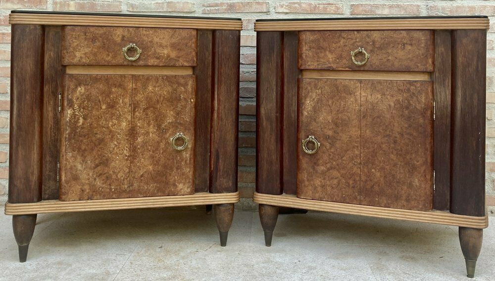 Italian Walnut And Beech Nightstands With Black Glass, 1940s, Set Of 2 photo furniture