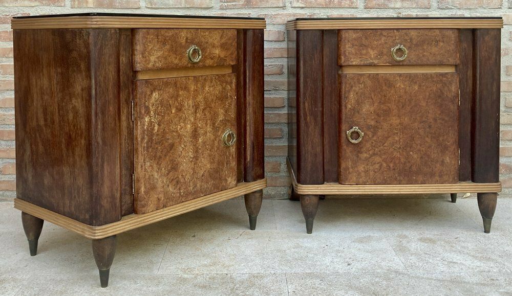 Italian Walnut And Beech Nightstands With Black Glass, 1940s, Set Of 2 photo for sale
