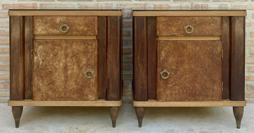 Italian Walnut And Beech Nightstands With Black Glass, 1940s, Set Of 2 photo buy