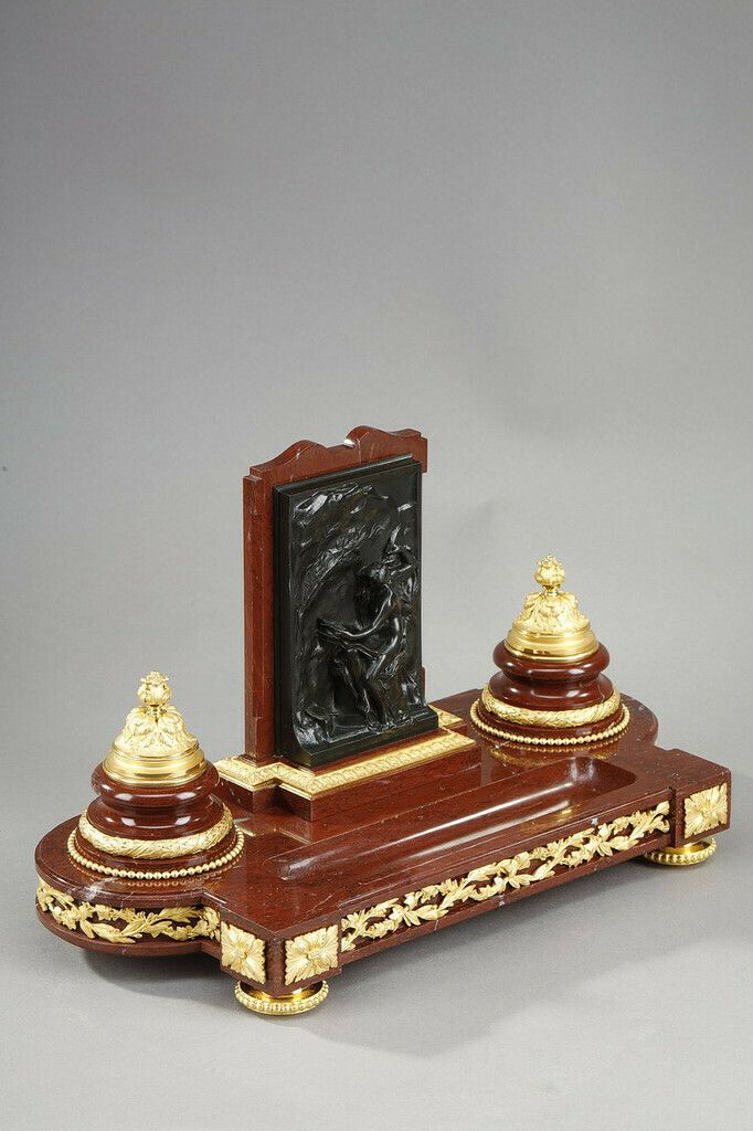 Inkwell In Cherry Red Marble And Gilt Bronze, "Allegory Of Writing", Signed H. Chapu