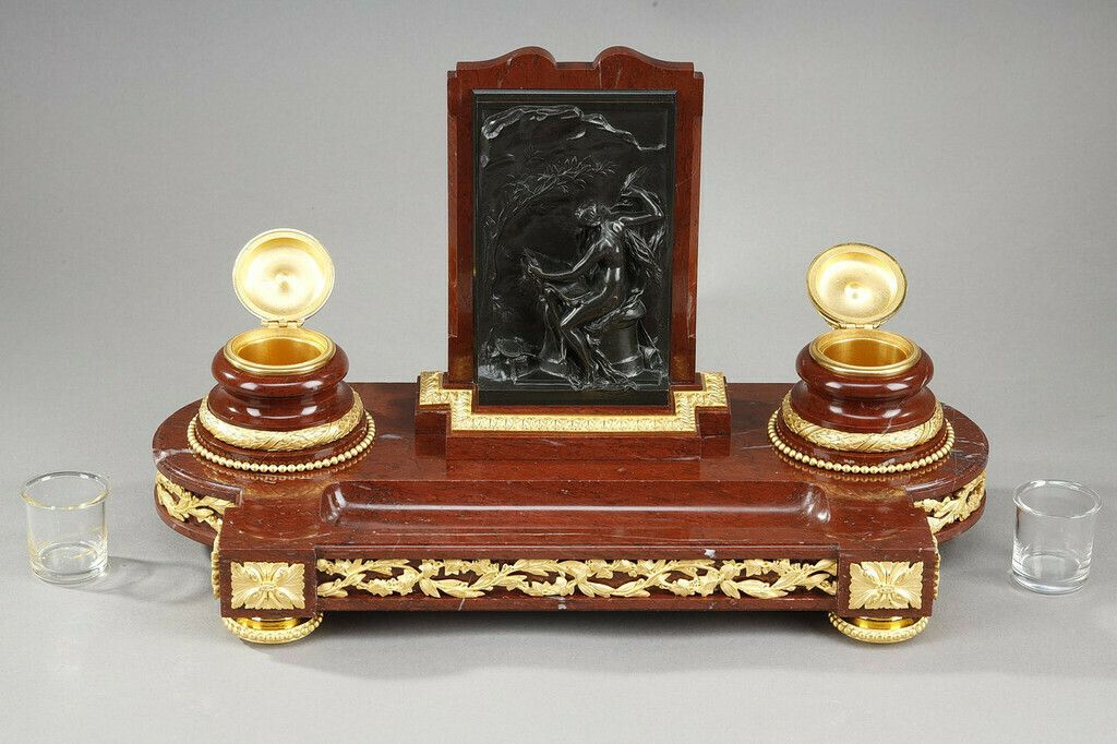 Inkwell In Cherry Red Marble And Gilt Bronze, "Allegory Of Writing", Signed H. Chapu photo 4138.0