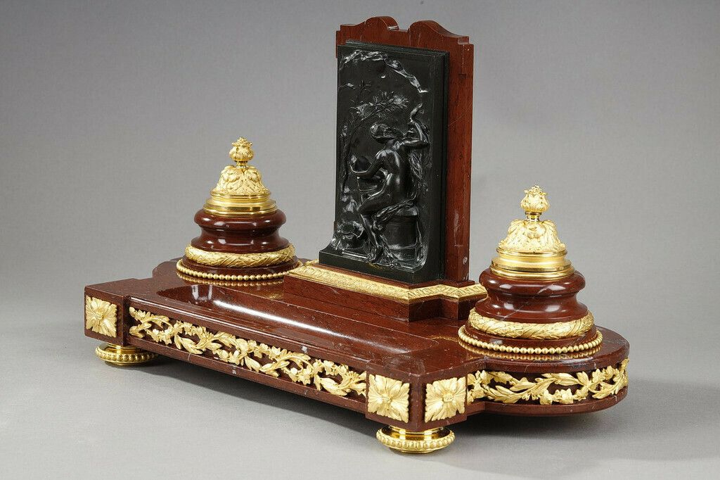 Inkwell In Cherry Red Marble And Gilt Bronze, "Allegory Of Writing", Signed H. Chapu photo buy