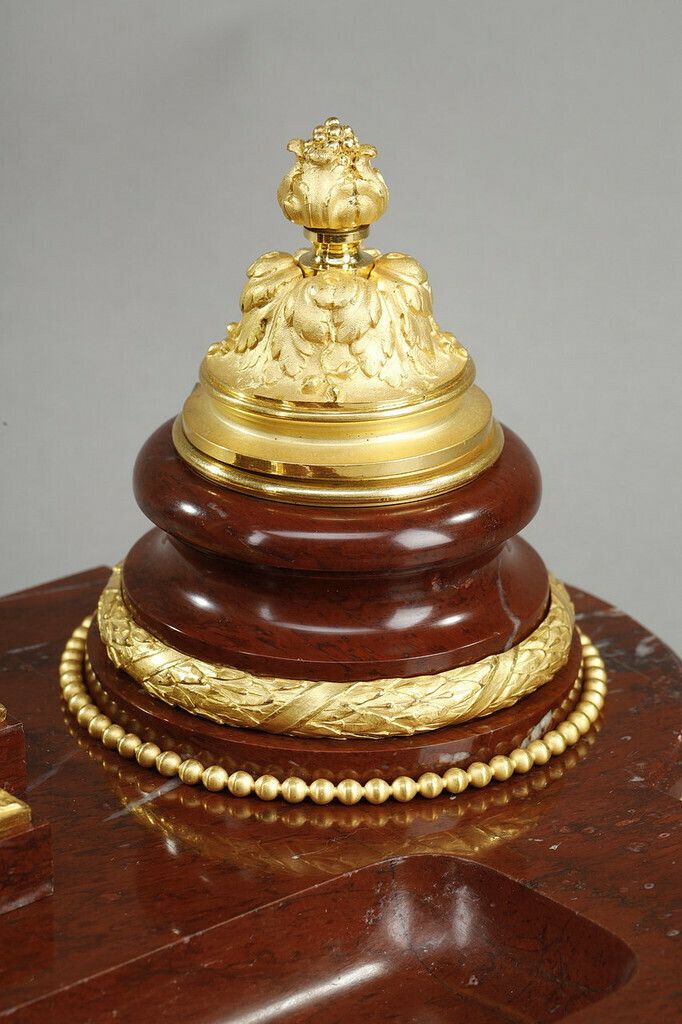 photo for sale Inkwell In Cherry Red Marble And Gilt Bronze, "Allegory Of Writing", Signed H. Chapu