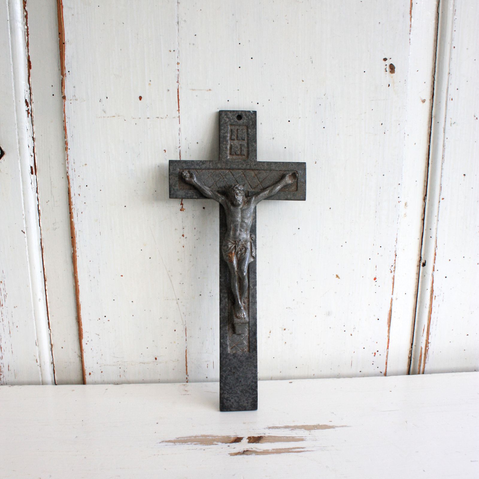 French Vintage Metal Religious Cross Or Crucifix photo vinterior