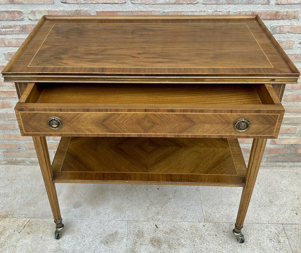 photo buy Neoclassic French Marquetry Side Table With One Drawer And Wheels 1940s