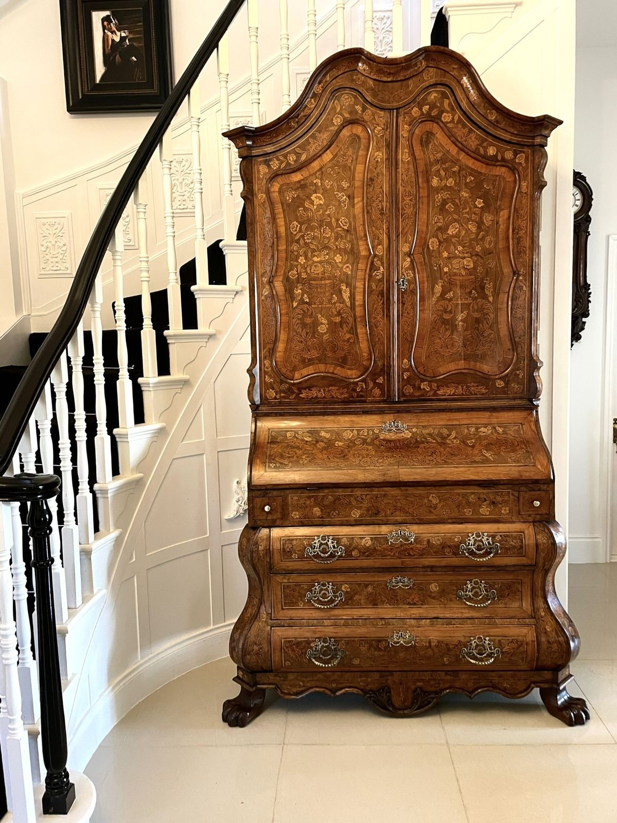 Outstanding Quality 18th Century Antique Dutch Marquetry Inlaid Burr Walnut Bookcase