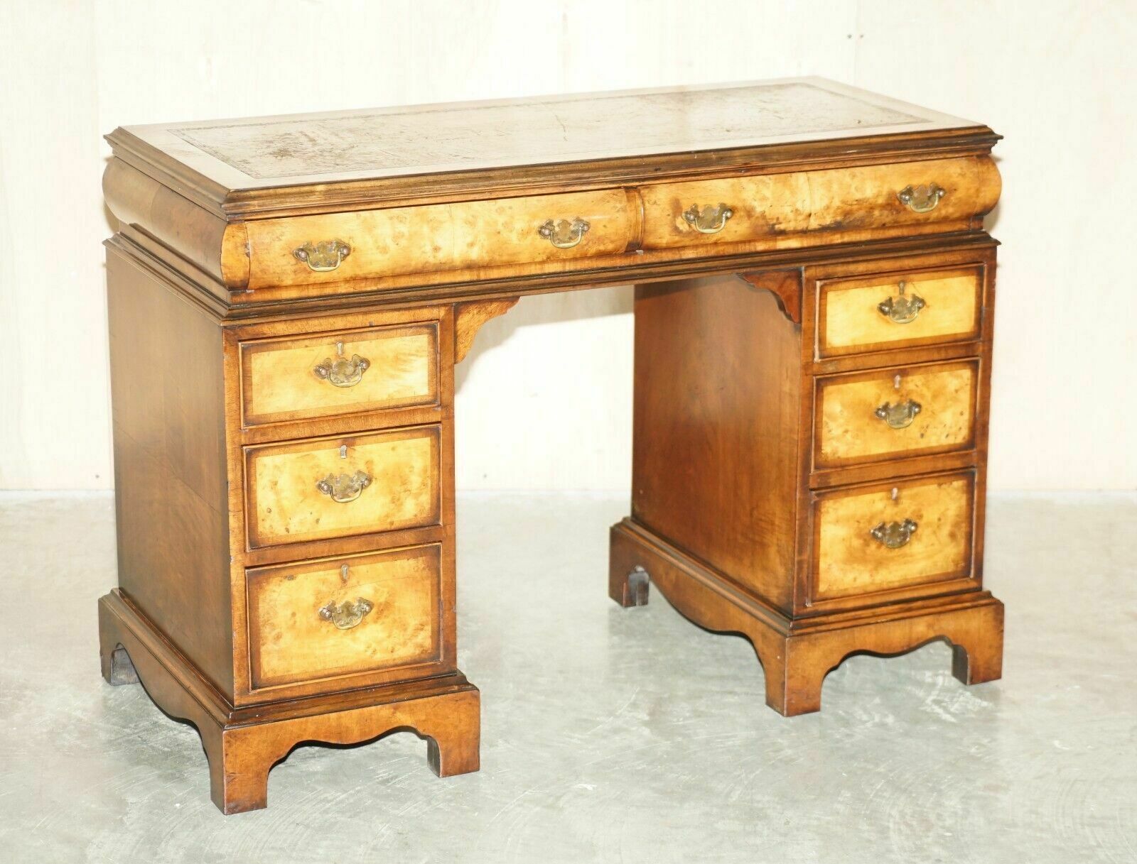 Lovely Antique Victorian Burr Walnut Cushion Drawer Brown Leather Partner Desk