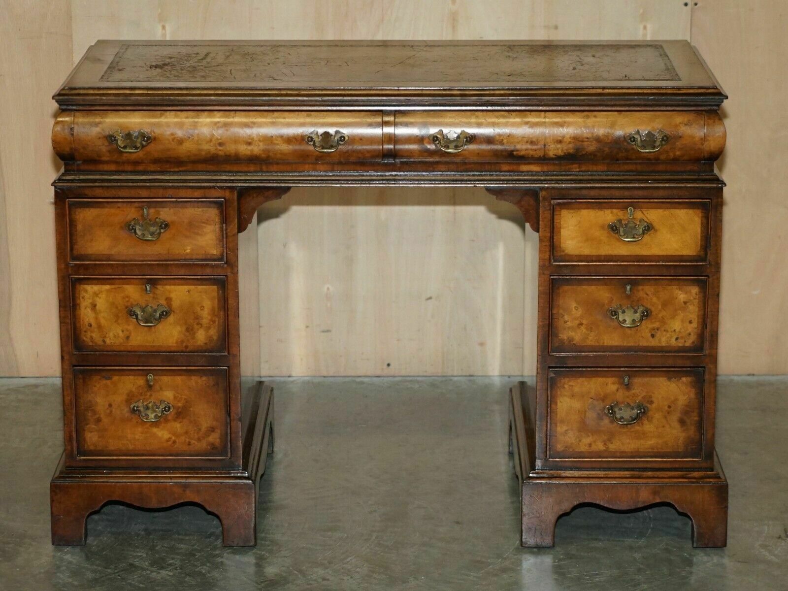 Lovely Antique Victorian Burr Walnut Cushion Drawer Brown Leather Partner Desk photo furniture