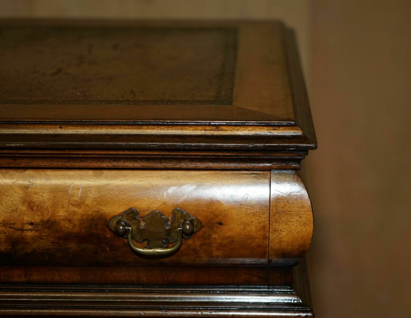 Lovely Antique Victorian Burr Walnut Cushion Drawer Brown Leather Partner Desk photo vinterior