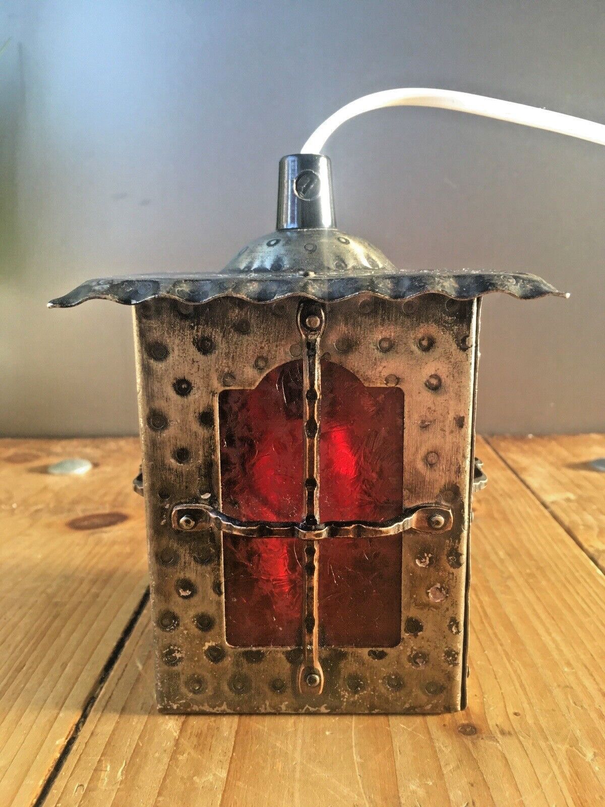 Vintage Metal Art Nouveau Style Red Glass Copper Porch Lantern Hall Light Retro photo Lighting