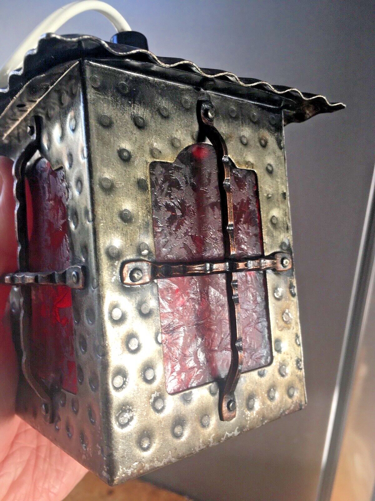 95.0 Vintage Metal Art Nouveau Style Red Glass Copper Porch Lantern Hall Light Retro photo