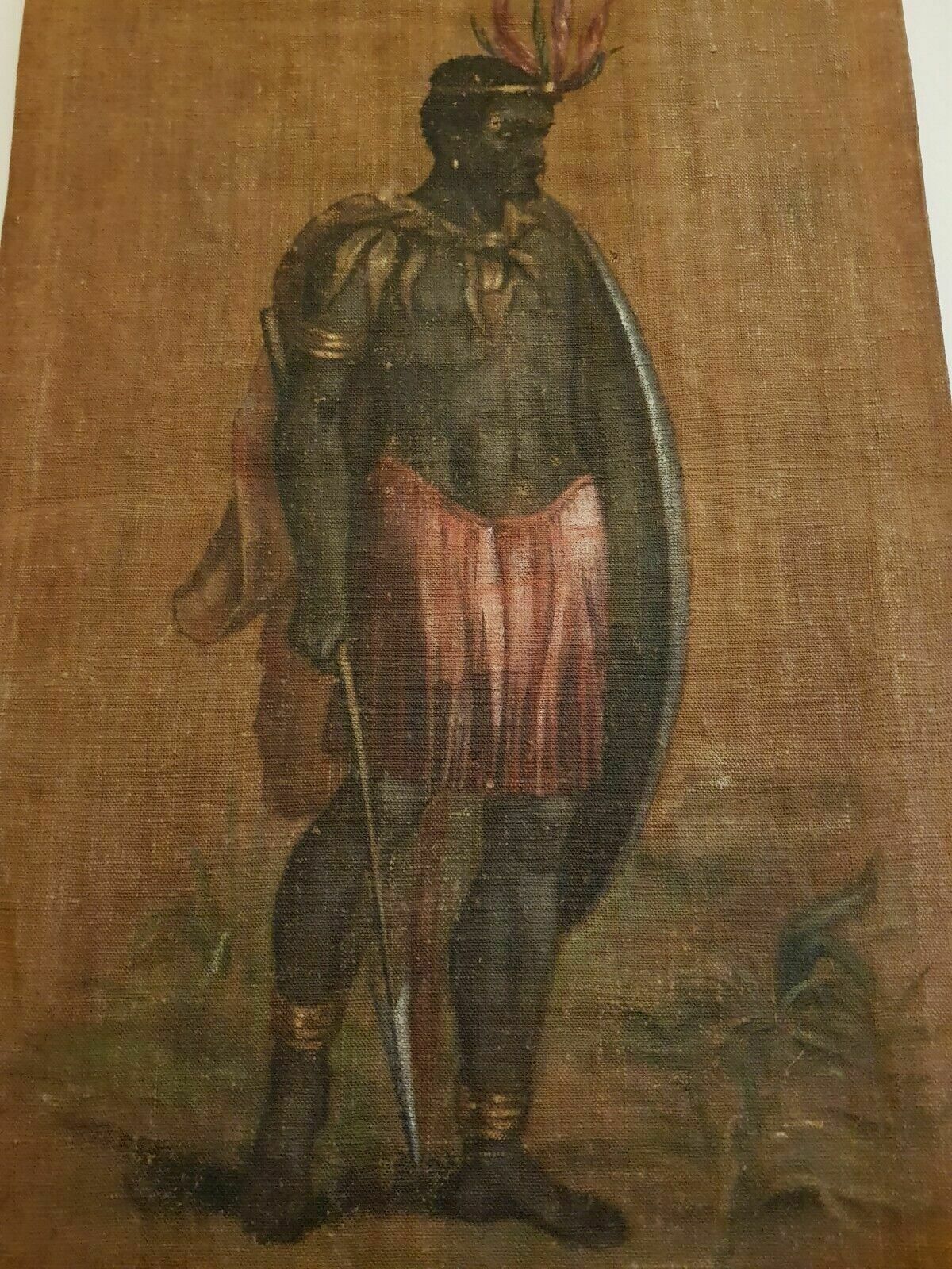 Rare Tribal Art Wall Hanging With African Chief And Gilded Antique Stretchers photo for sale