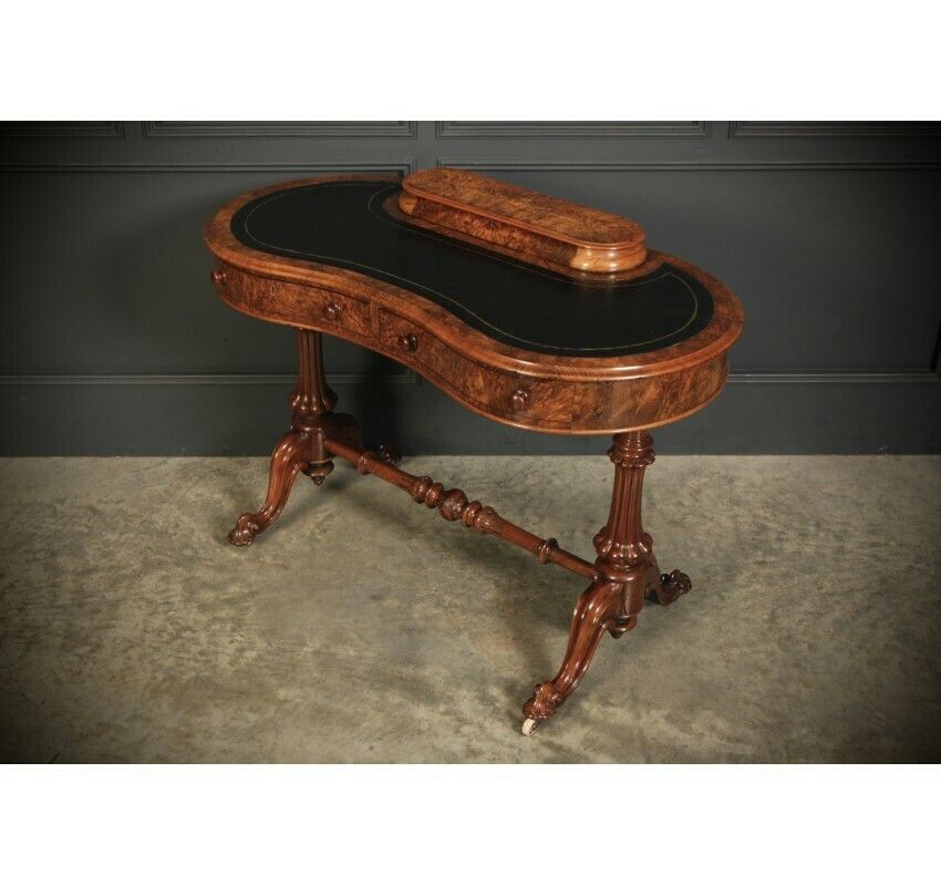 Marquetry Inlaid Burr Walnut Kidney Shaped Writing Table photo vinterior