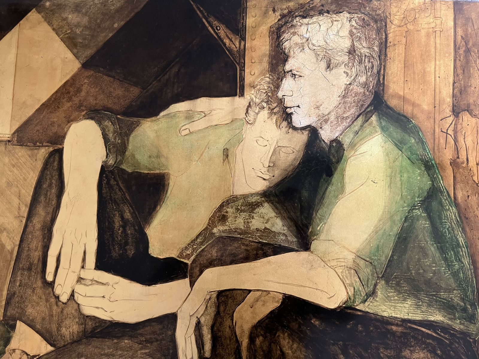 "The 2 Friends". Lacquered Panel Representing A Couple Of Young Men Signed Gobing. 1986 photo for sale