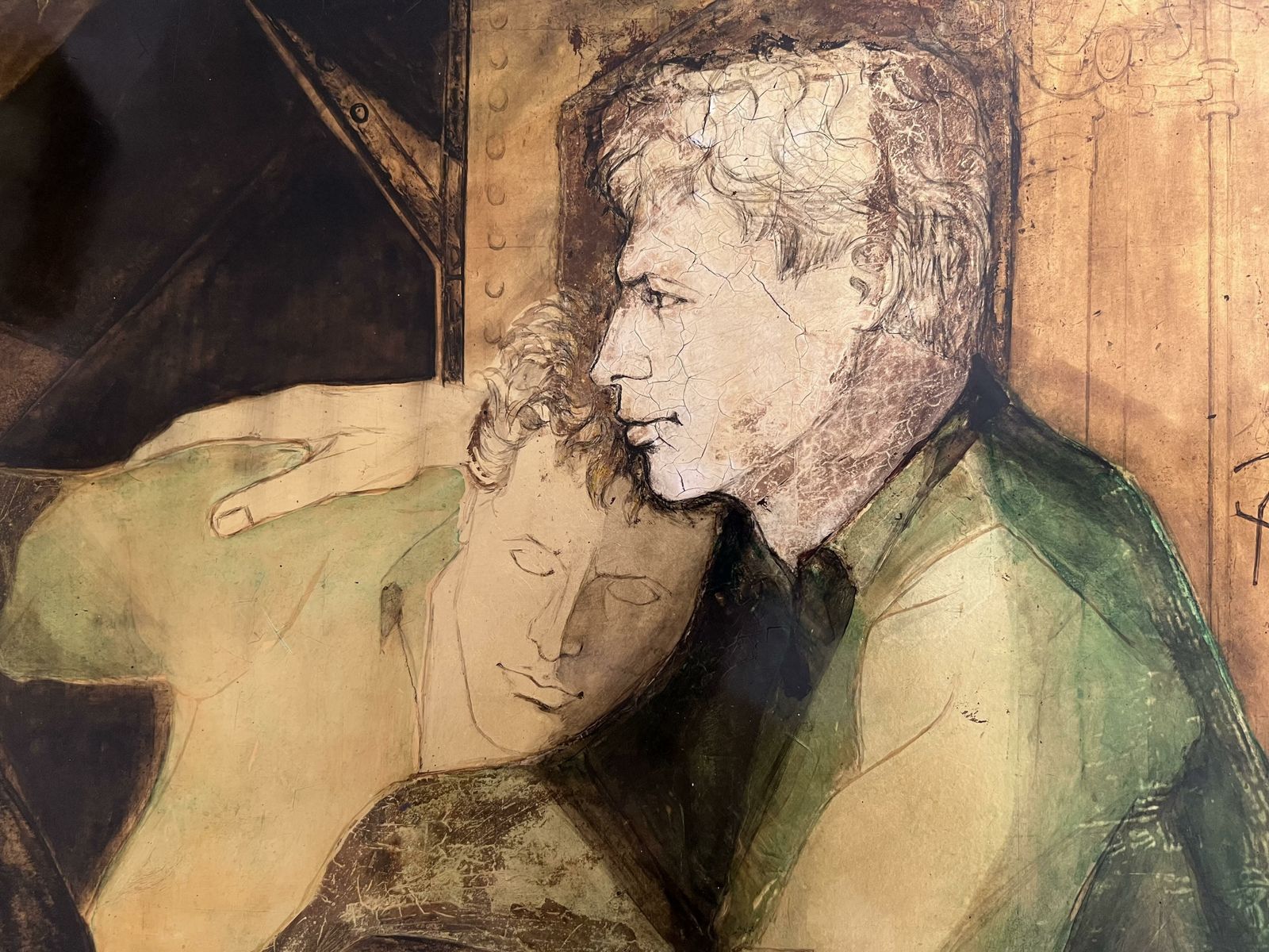 "The 2 Friends". Lacquered Panel Representing A Couple Of Young Men Signed Gobing. 1986 photo Art