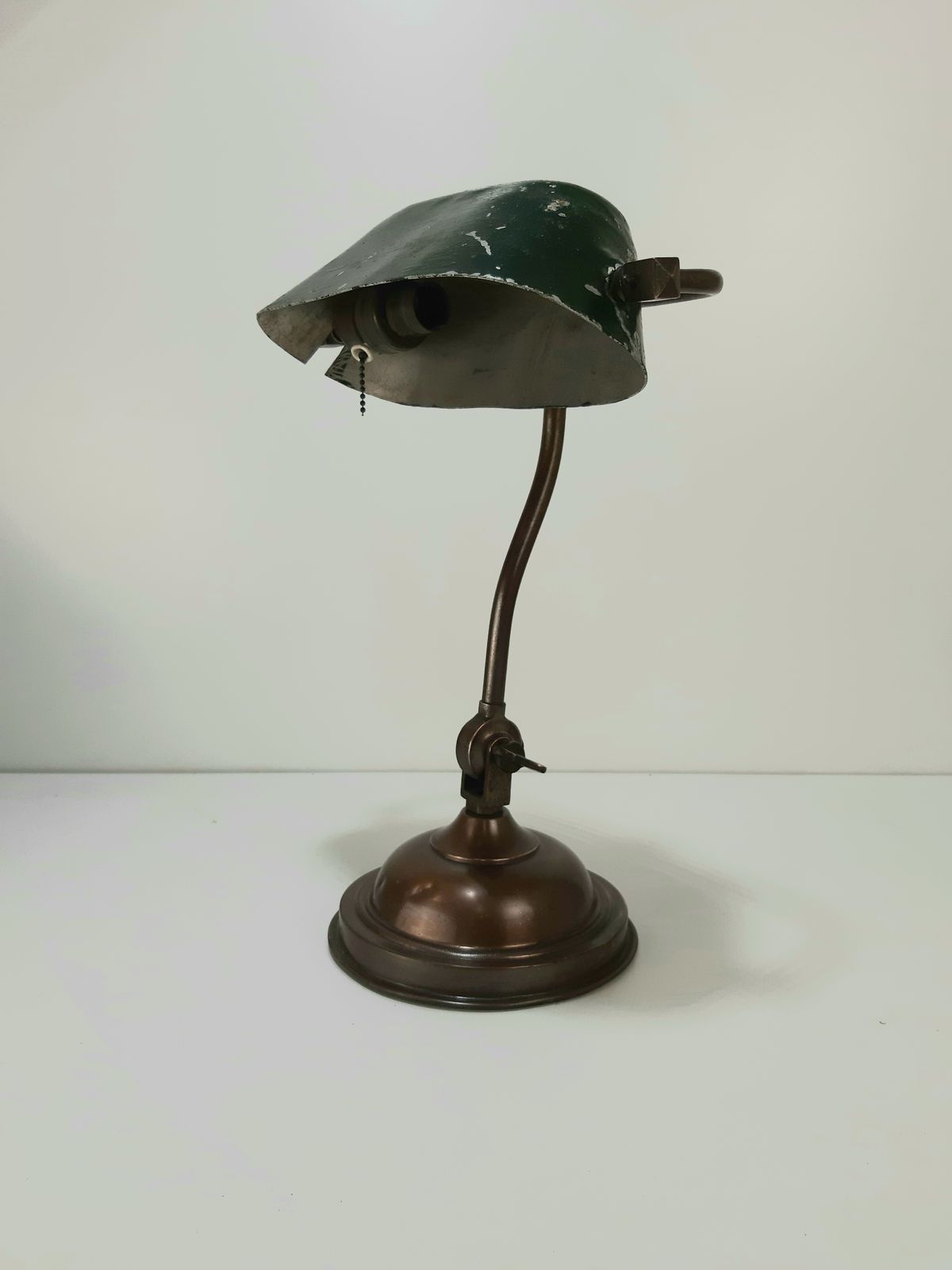 Early 20thc Copper Base / Arm Bankers Lamp (Not Wired) With Tin Metal Shade