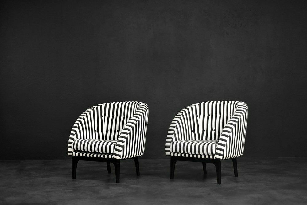 photo furniture Mid Century Scandinavian Modern Rounded Armchairs With Black & White Stripes, 1960s, Set Of 2