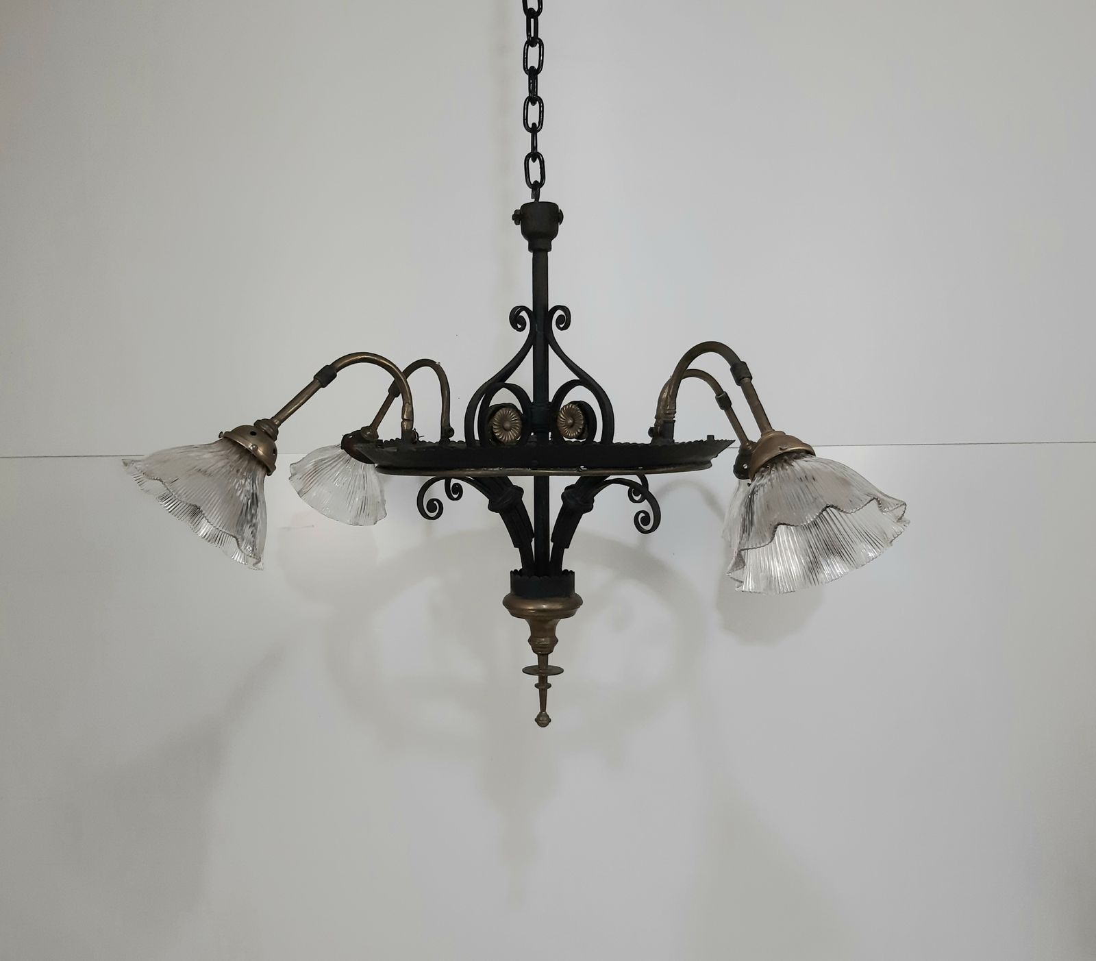 Victorian Cast Iron 4 Holophane Chandelier photo for sale