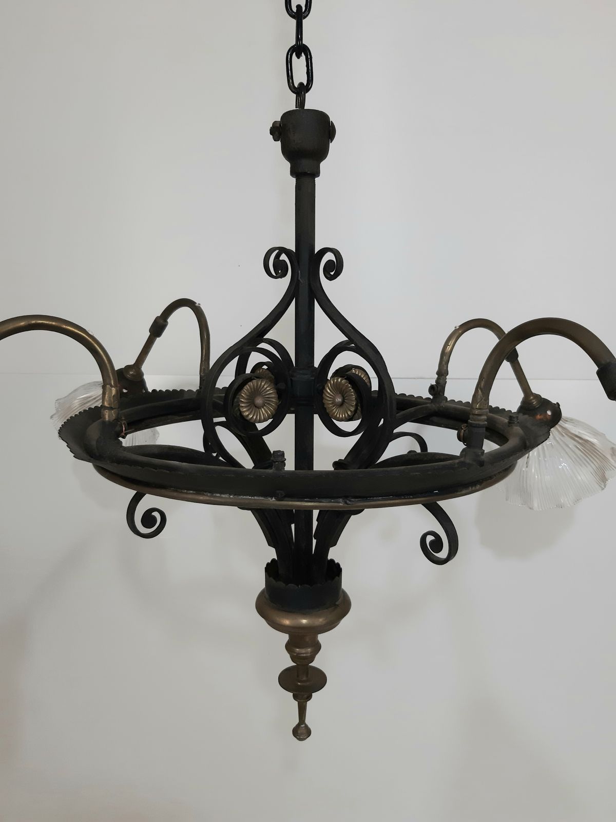 Victorian Cast Iron 4 Holophane Chandelier photo Lighting