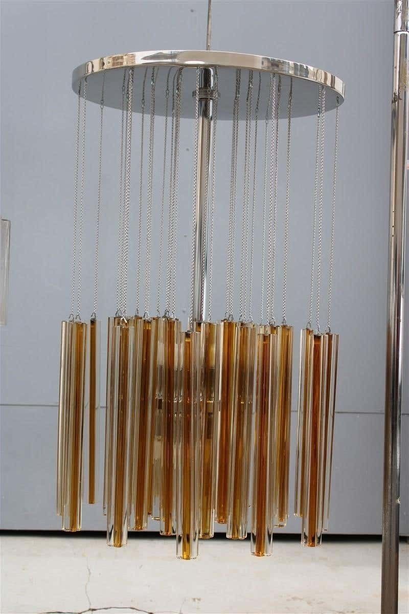 Round Cascade Italian Chandelier Venini Design 1960 Midcentury Steel Silver photo vintage