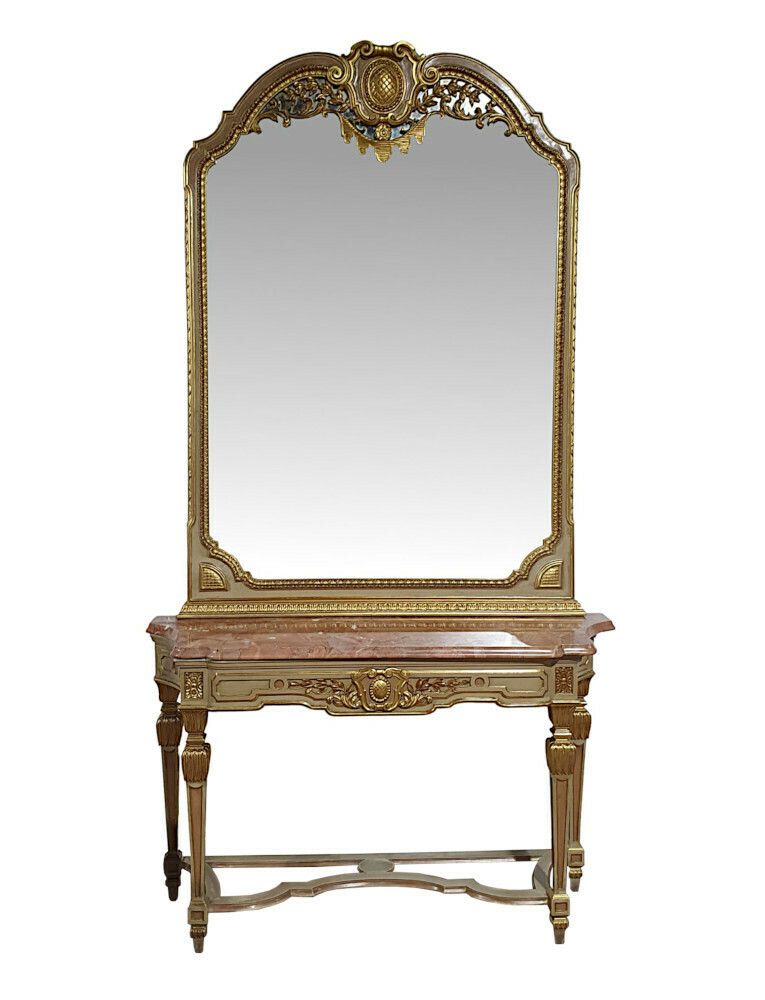 A Very Fine Early 20th Century French Parcel Gilt Marble Top Console Table And Matching Giltwood Mirror