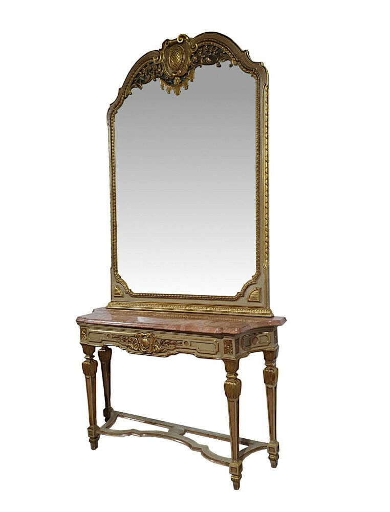 A Very Fine Early 20th Century French Parcel Gilt Marble Top Console Table And Matching Giltwood Mirror photo furniture