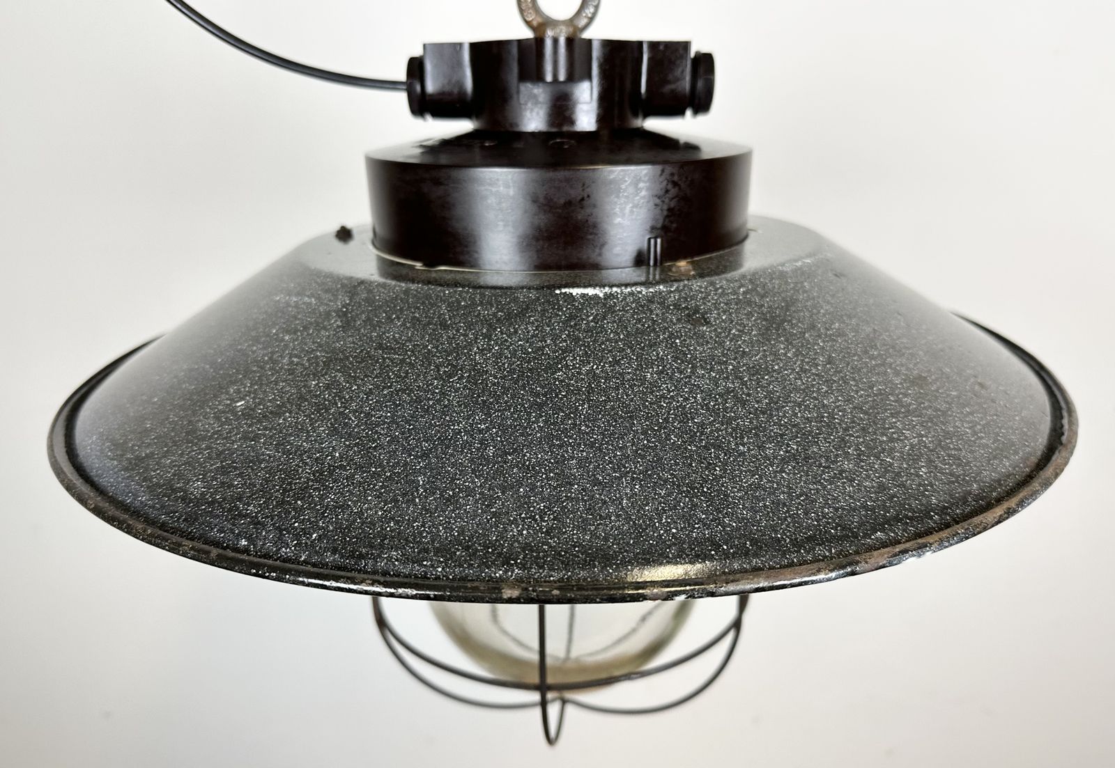 Industrial Grey Enamel Factory Hanging Cage Lamp, 1960s, 20x photo Lighting