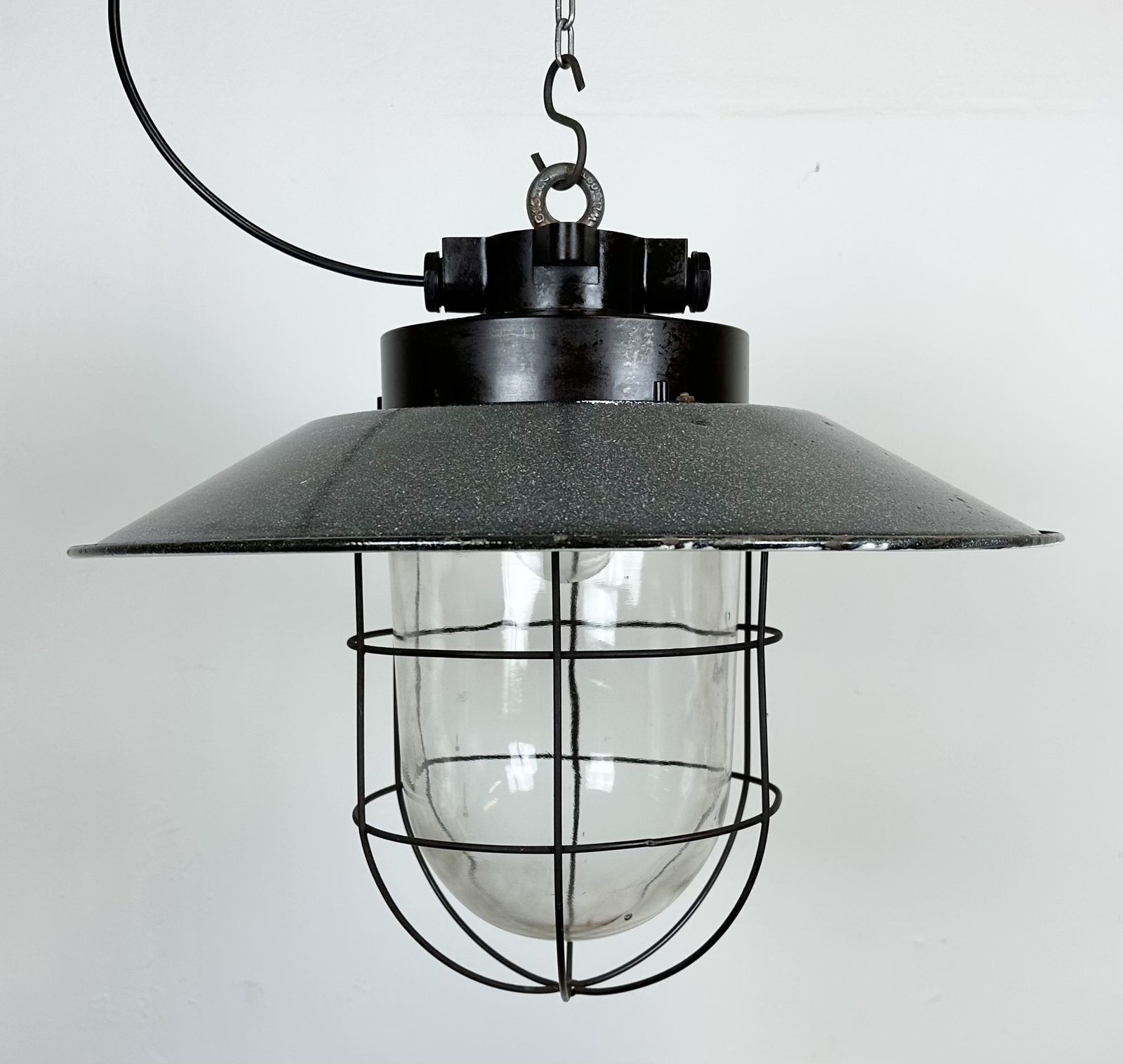Industrial Grey Enamel Factory Hanging Cage Lamp, 1960s, 20x photo 199.0