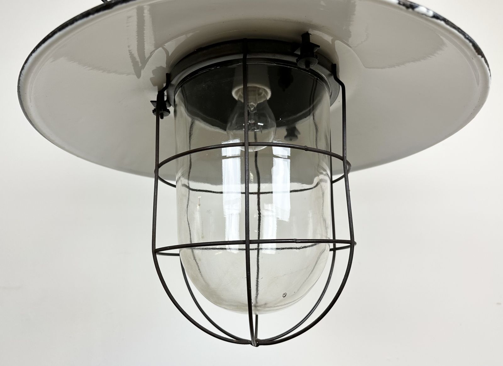 Industrial Grey Enamel Factory Hanging Cage Lamp, 1960s, 20x photo buy