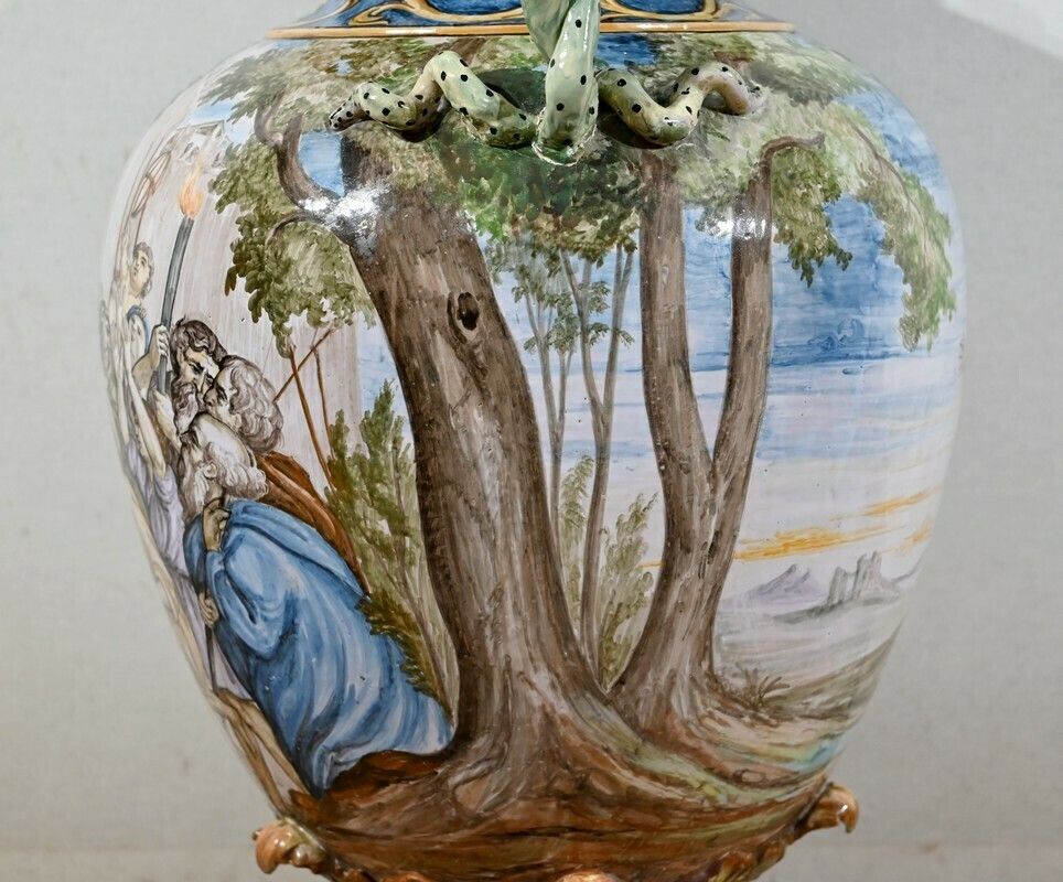 Home Decor Majolica Vase On Bolster Set, Italy   19th Century photo
